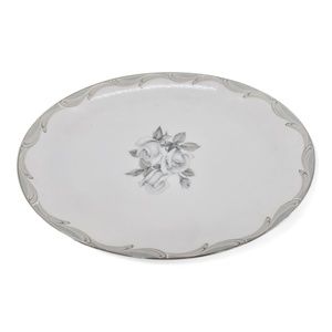 Vtg Japanese Broadway Rose Pattern Fine China Platter Silver Trim Grey on White